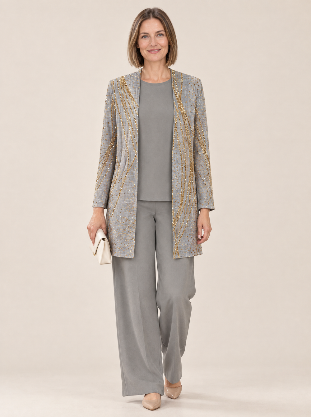 Conjunto Tres Piezas Elegancia Clásica Nuria – Gris y Dorado