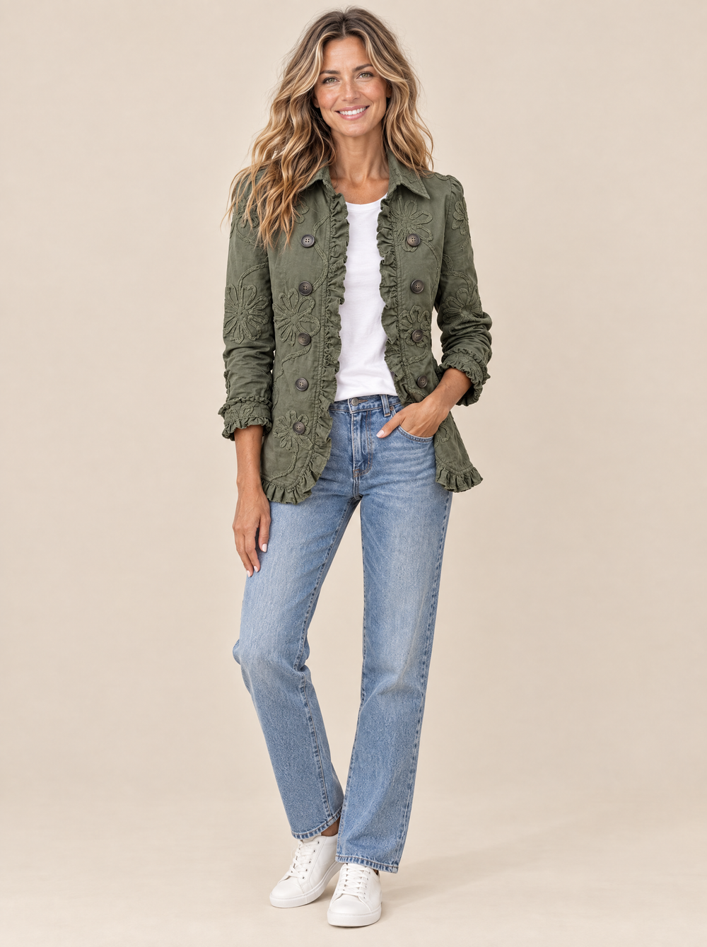 Chaqueta Boho de Flores con Volantes Lola – Verde Retro