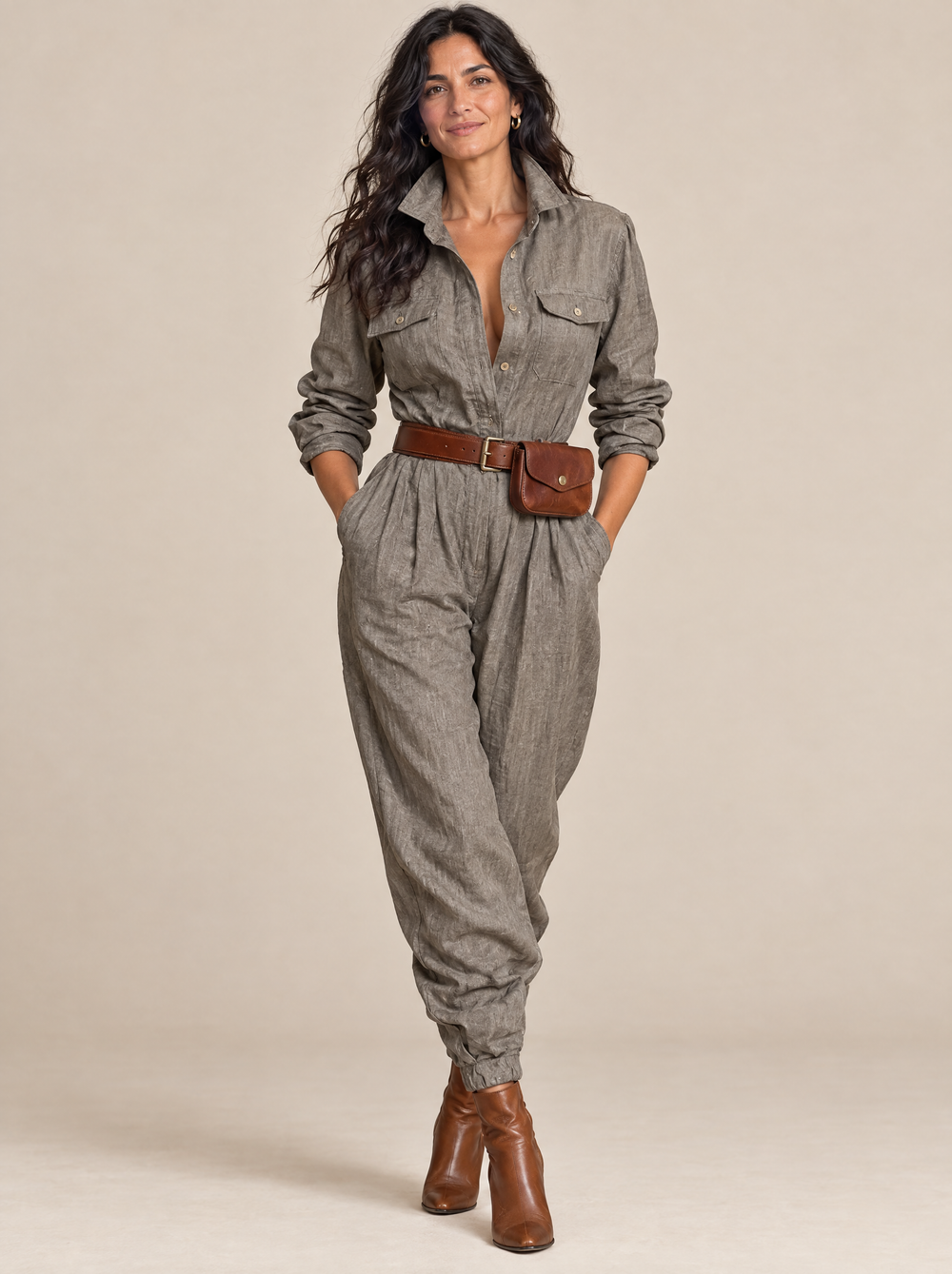 Mono Camisero de Algodón y Lino Cristina – Topo