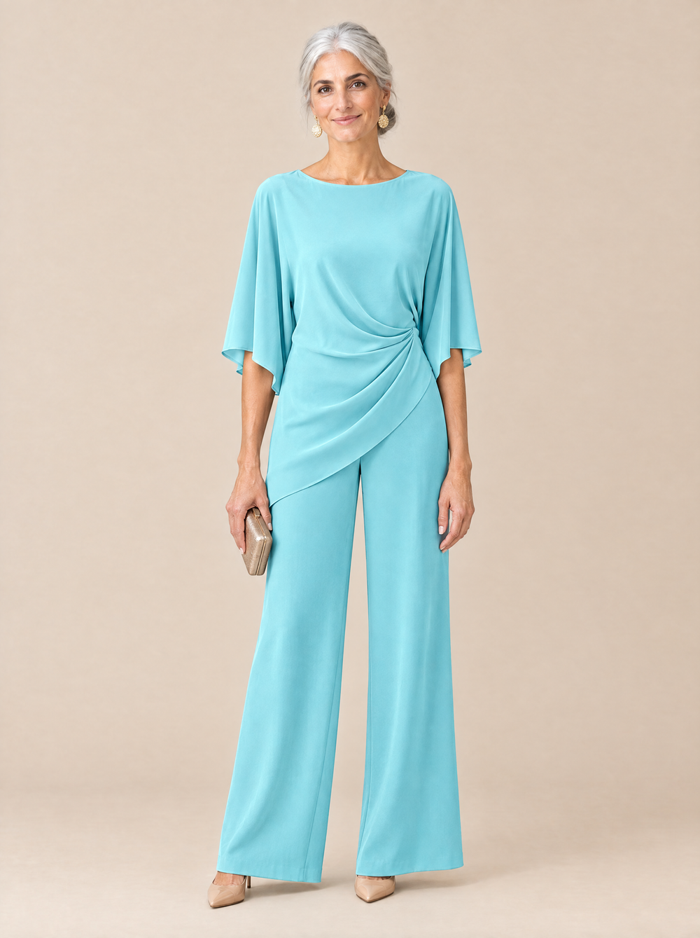 Conjunto Blusa Drapeada y Pantalón Ancho Mercedes – Celeste
