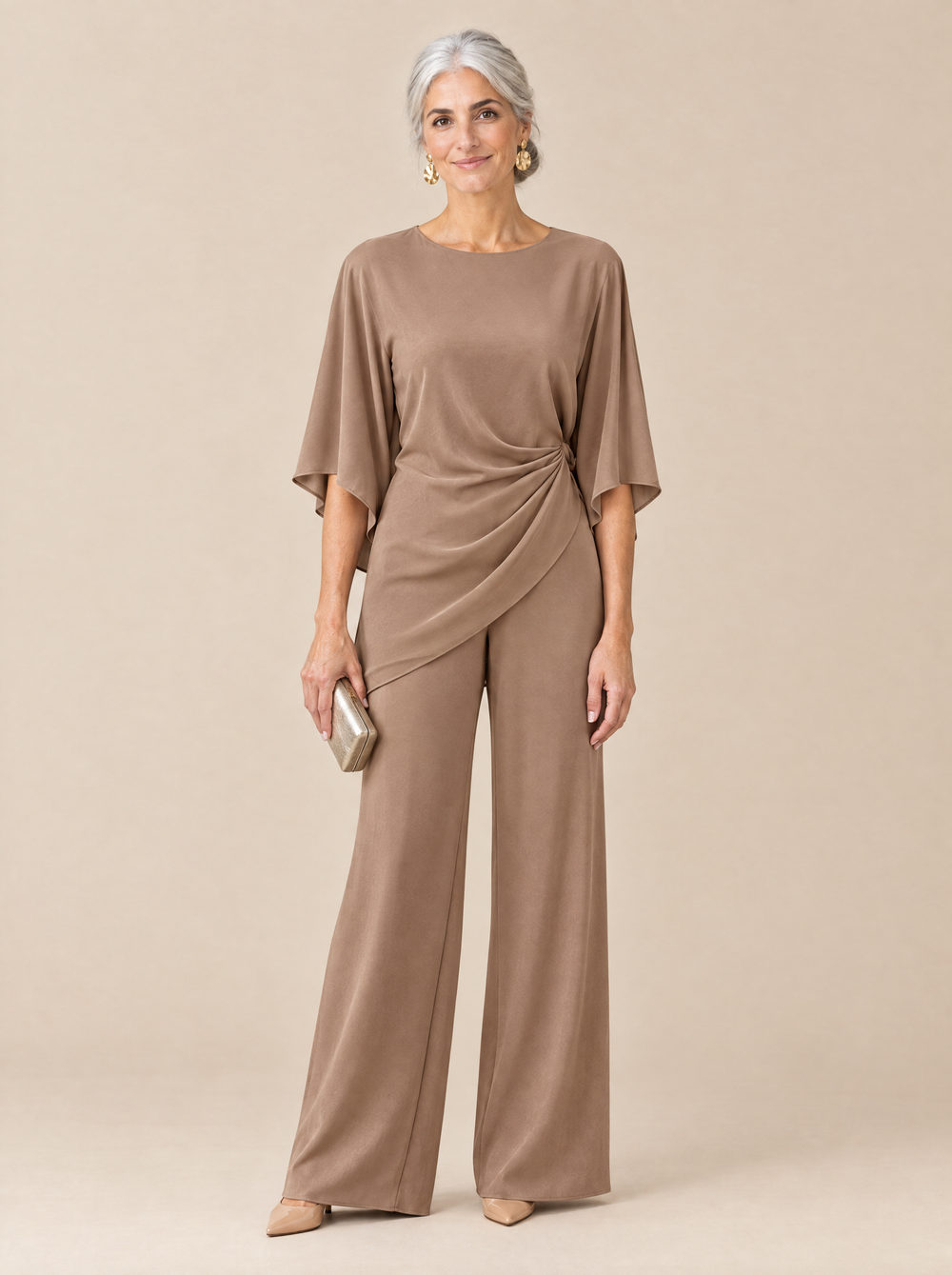 Conjunto Blusa Drapeada y Pantalón Ancho Mercedes – Marrón