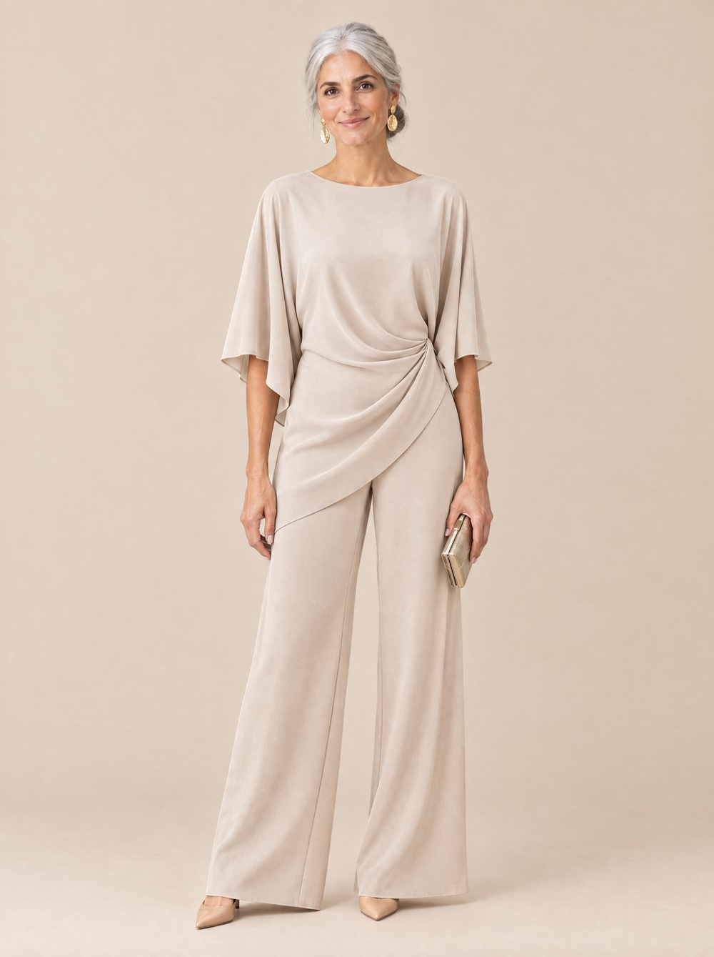 Conjunto Blusa Drapeada y Pantalón Ancho Mercedes – Beige