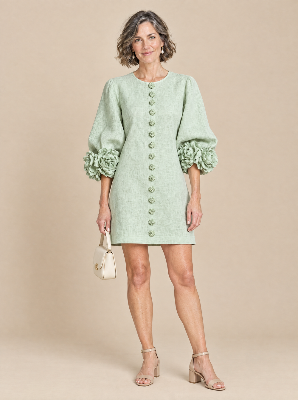 Vestido Corto con Botones de Flor Celia – Verde Salvia