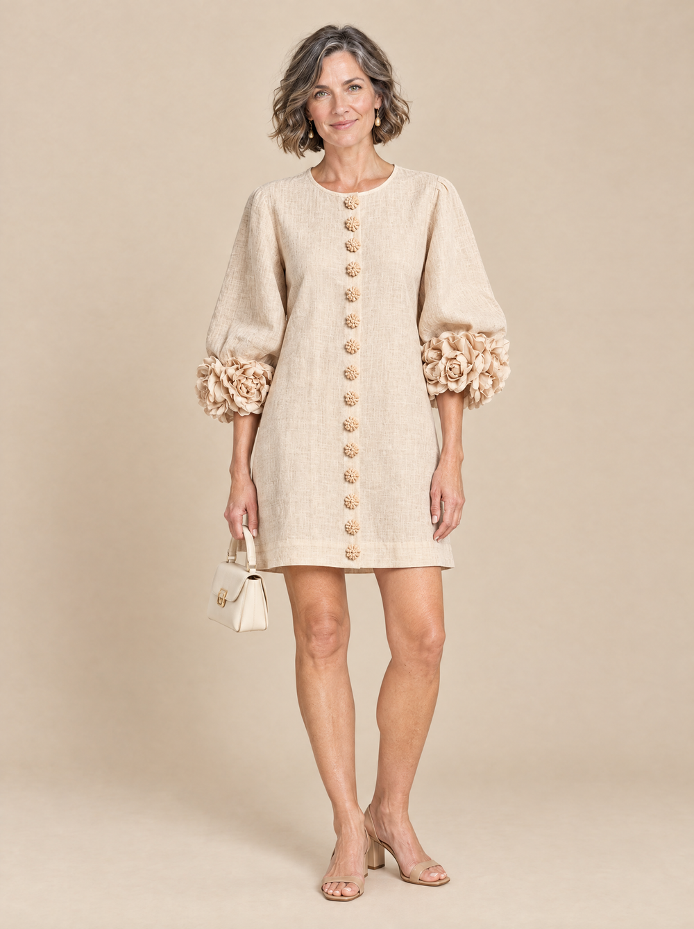 Vestido Corto con Botones de Flor Celia – Beige