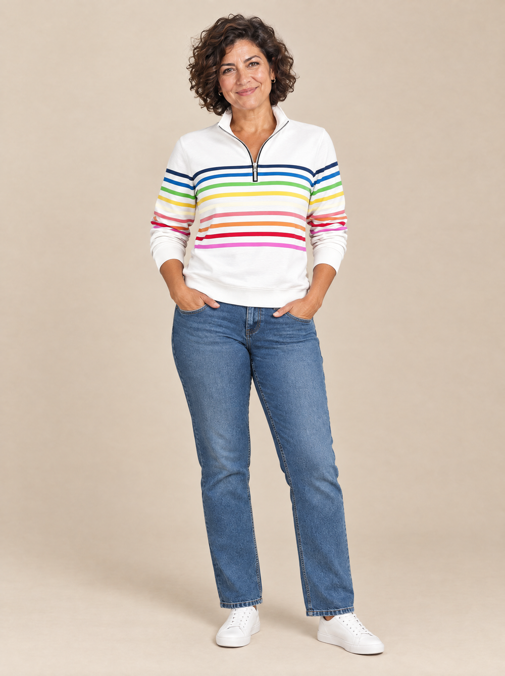 Sudadera de Rayas con Media Cremallera Susana – Blanco