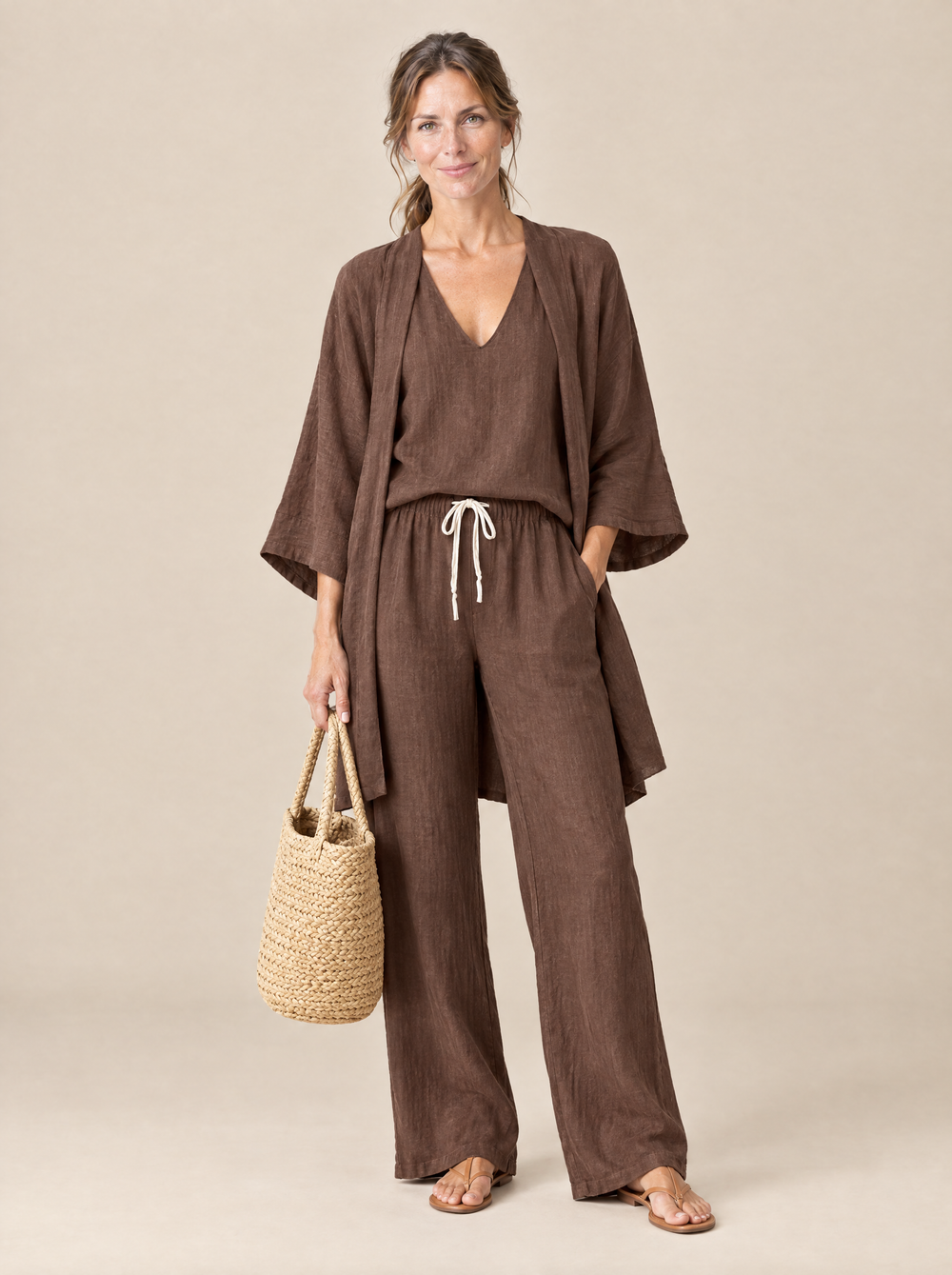 Conjunto Tres Piezas Efecto Lino Rebeca – Marrón