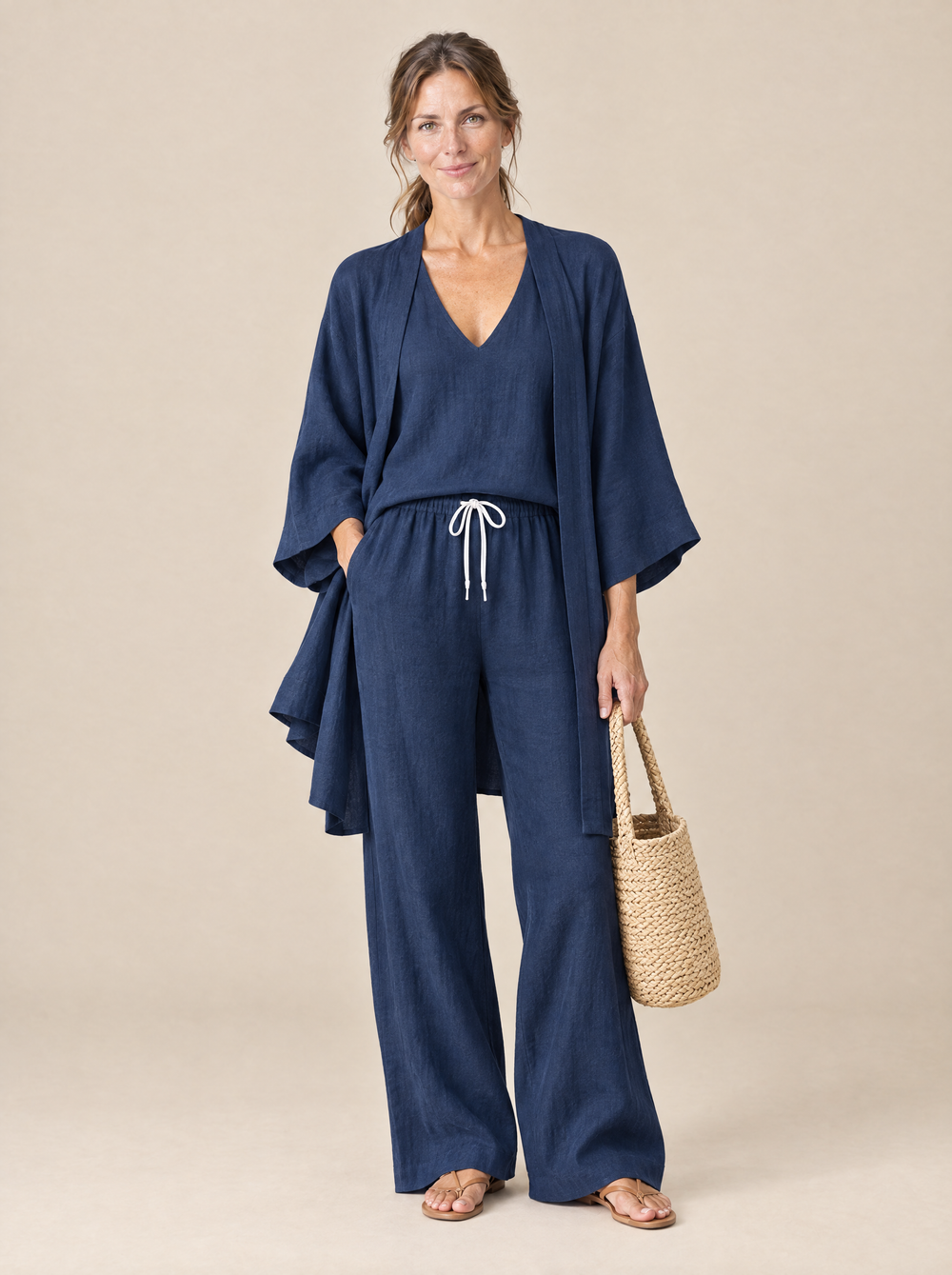 Conjunto Tres Piezas Efecto Lino Rebeca – Azul Oscuro