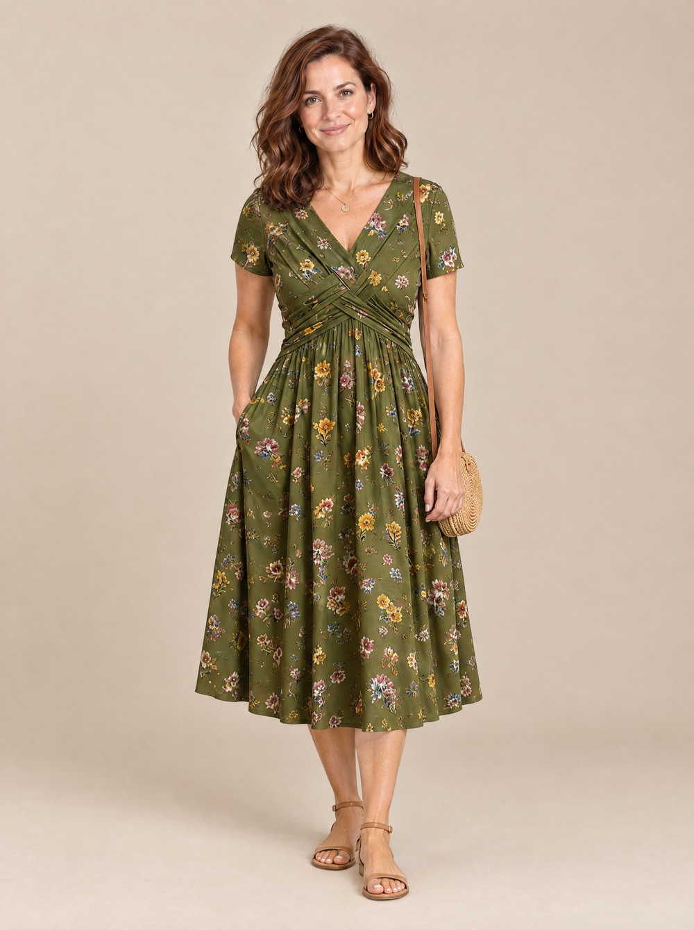 Vestido Midi de Flores con Cintura Cruzada Alicia – Verde Oliva
