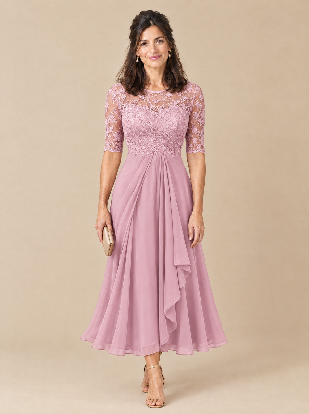 Vestido de Invitada de Encaje y Gasa Carolina – Rosa
