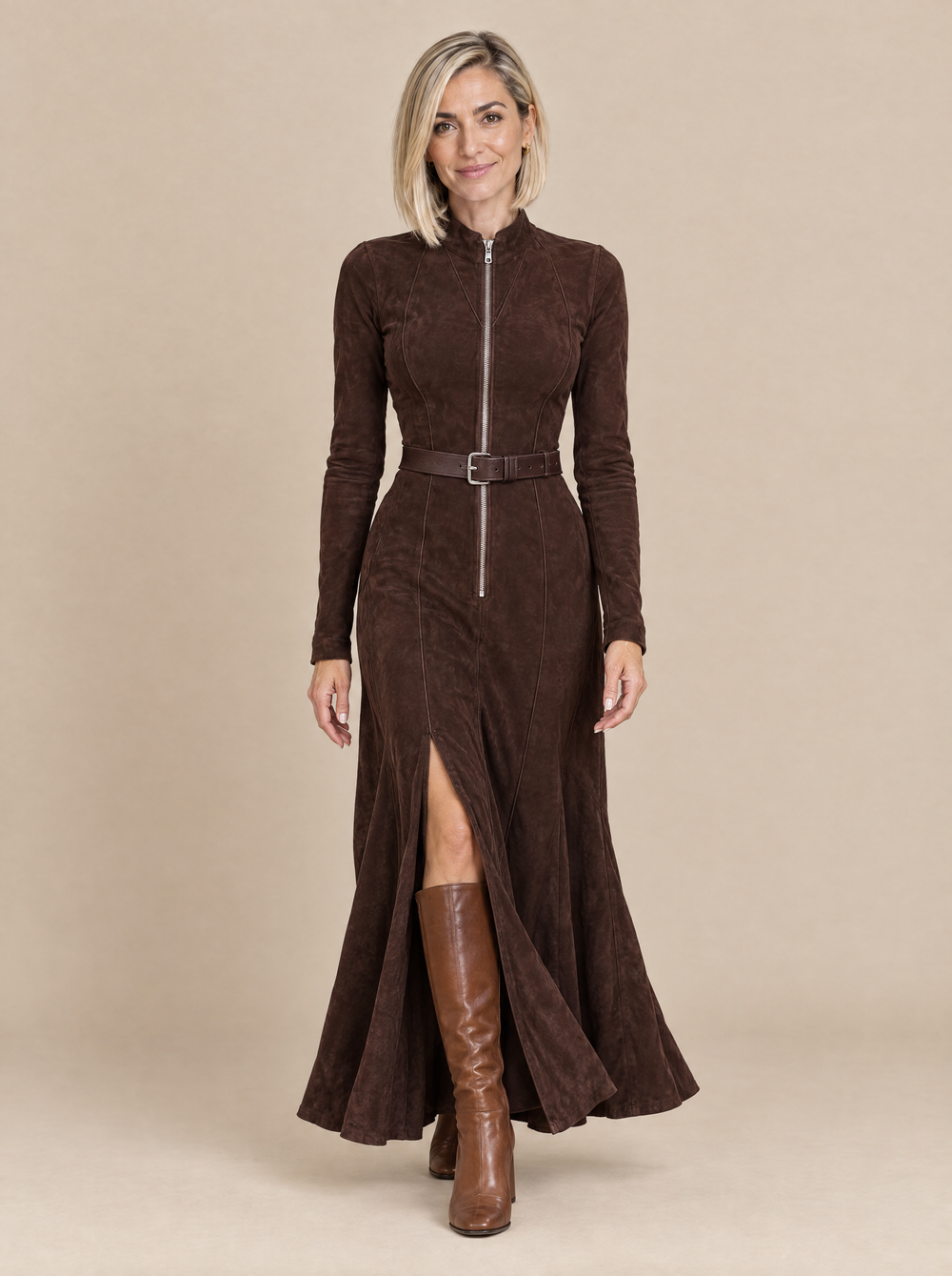 Vestido Largo Efecto Ante con Cinturón Amelia – Marrón