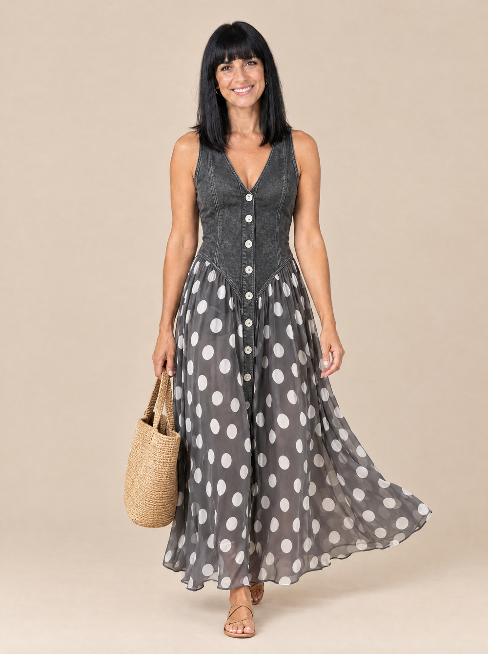 Vestido Largo de Lunares con Cuerpo Vaquero Marisol – Gris