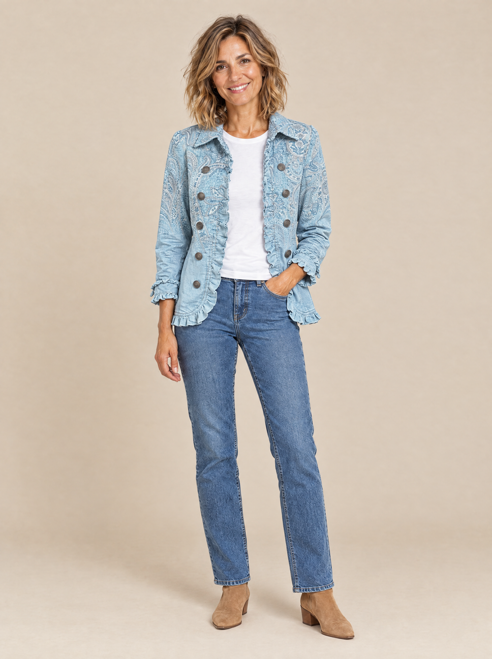 Chaqueta Azul Cielo de Cachemira con Volantes Gema – Azul Cielo