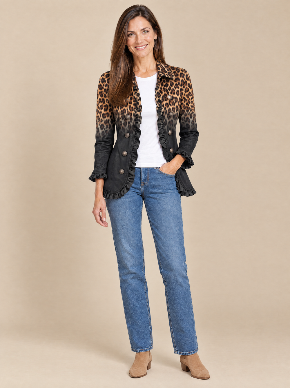 Chaqueta Blazer de Leopardo Negro con Volantes Almudena