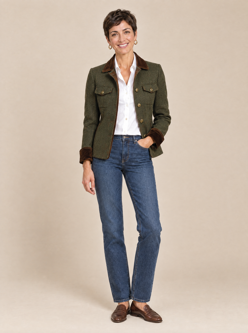 Blazer Vintage de Espiga con Puños en Contraste Verónica – Verde Oliva