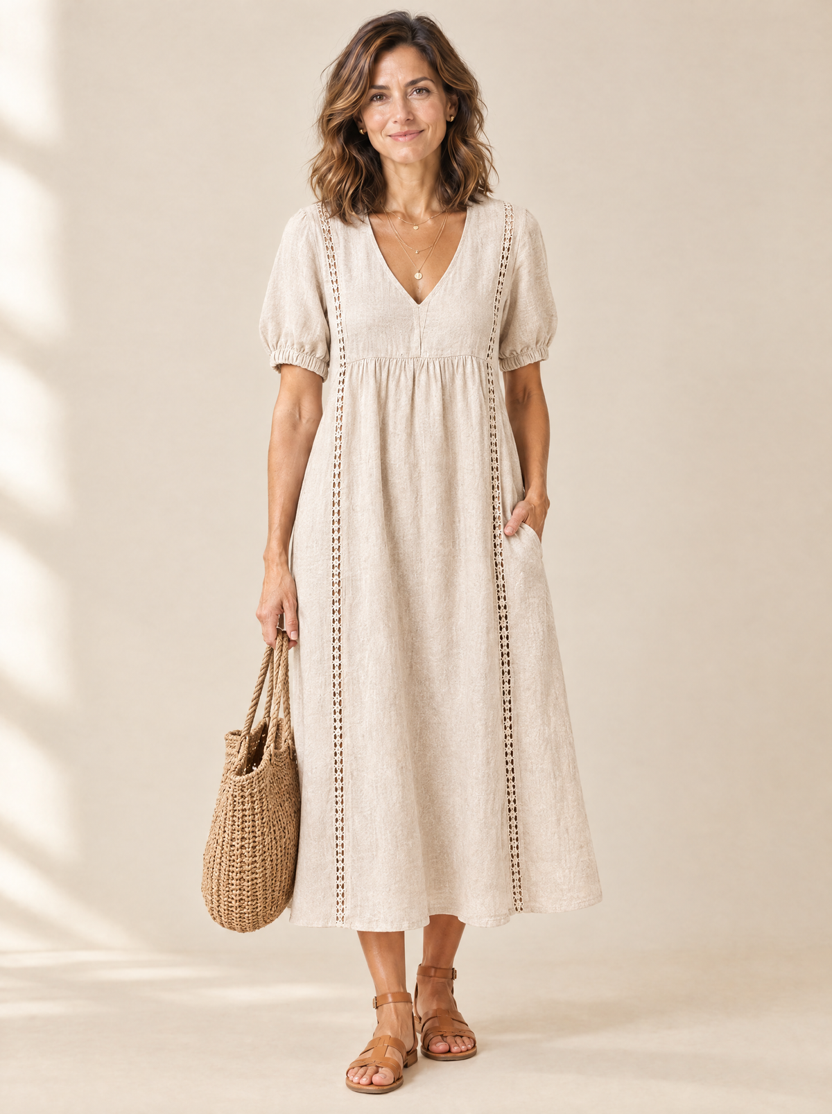 Vestido Midi con Encaje Inés – Beige