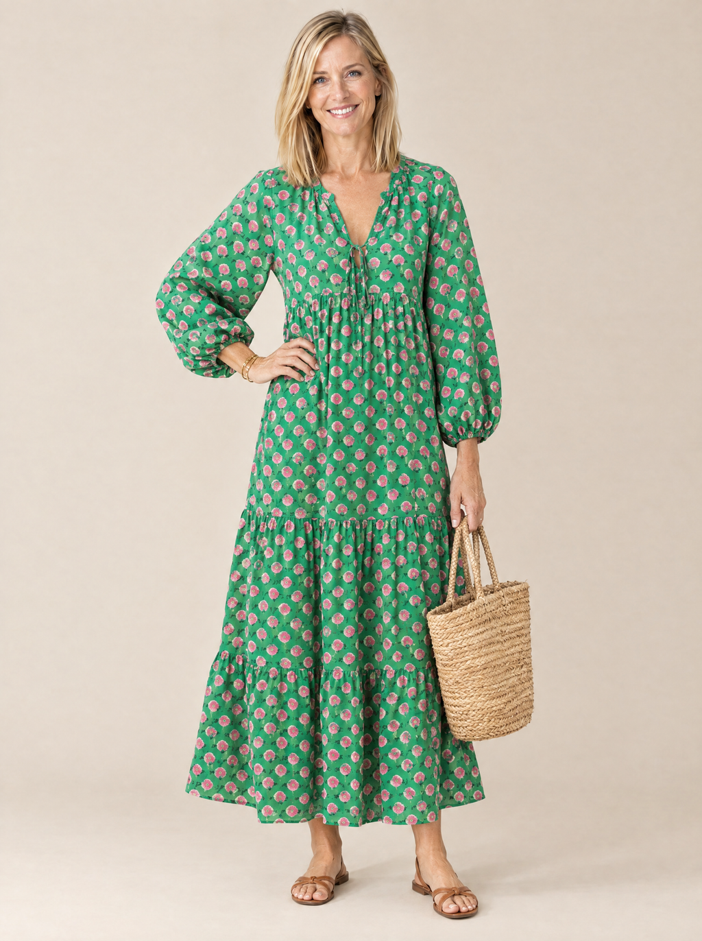 Vestido Midi de Flores con Volantes Julia – Verde oscuro