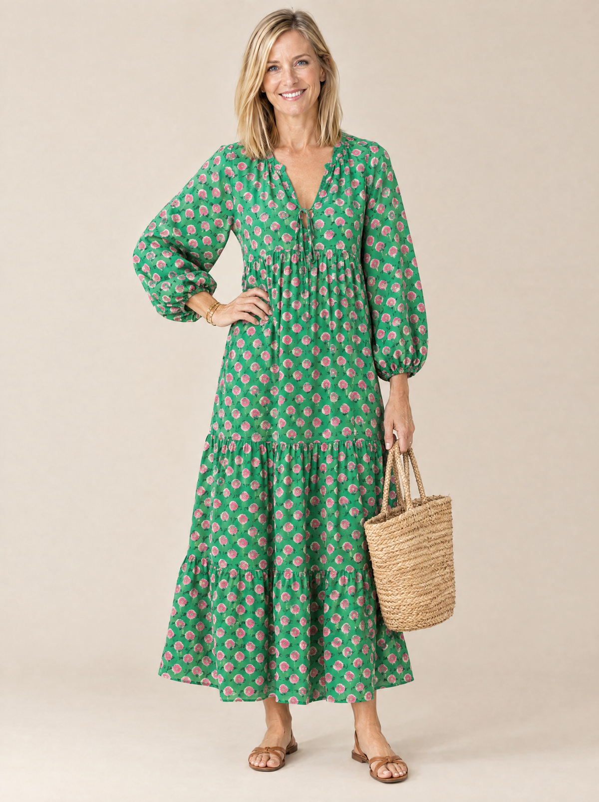 Vestido Midi de Flores con Volantes Julia – Verde oscuro