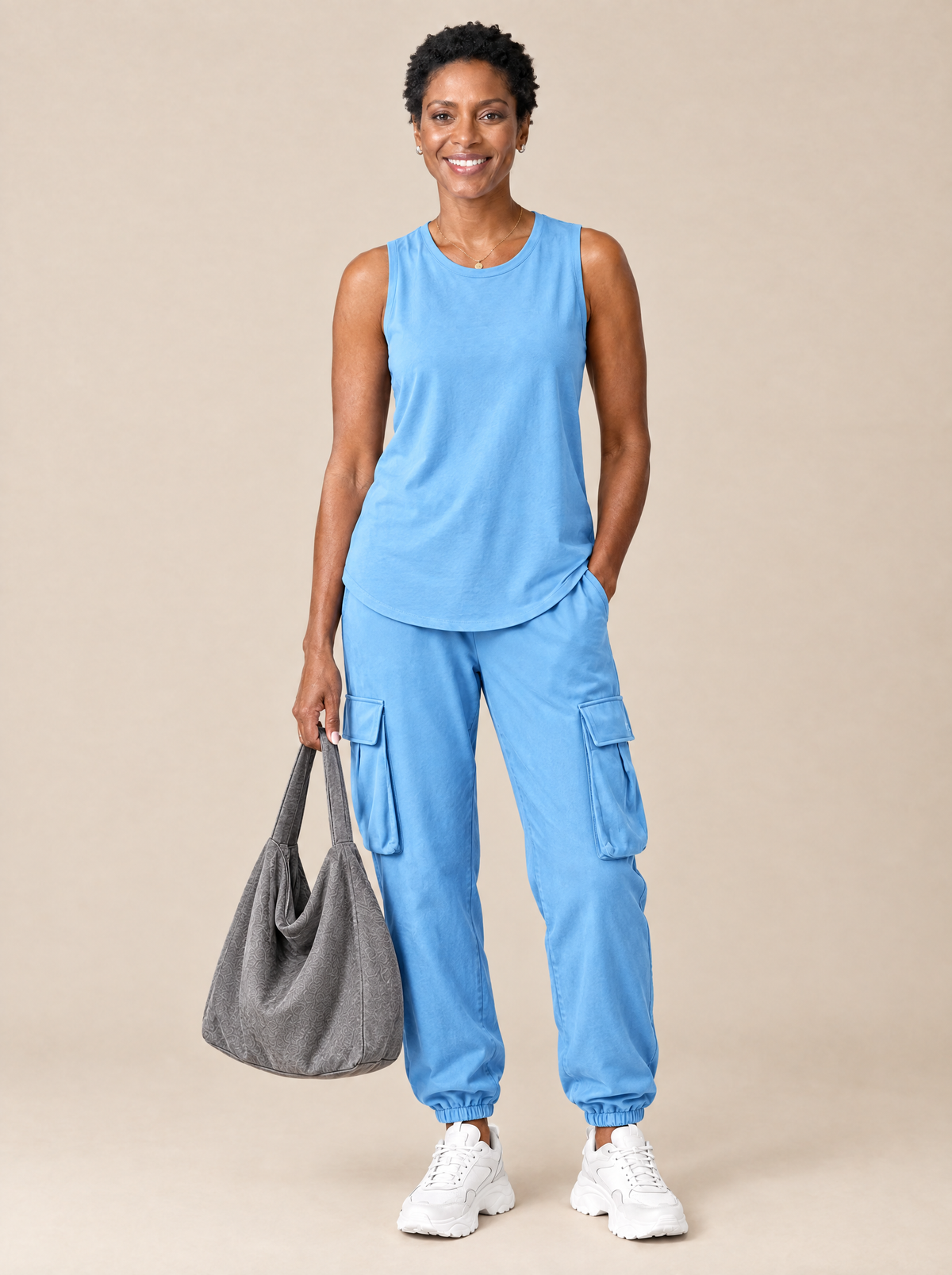 Conjunto Urbano Lucía – Celeste + bolso gris