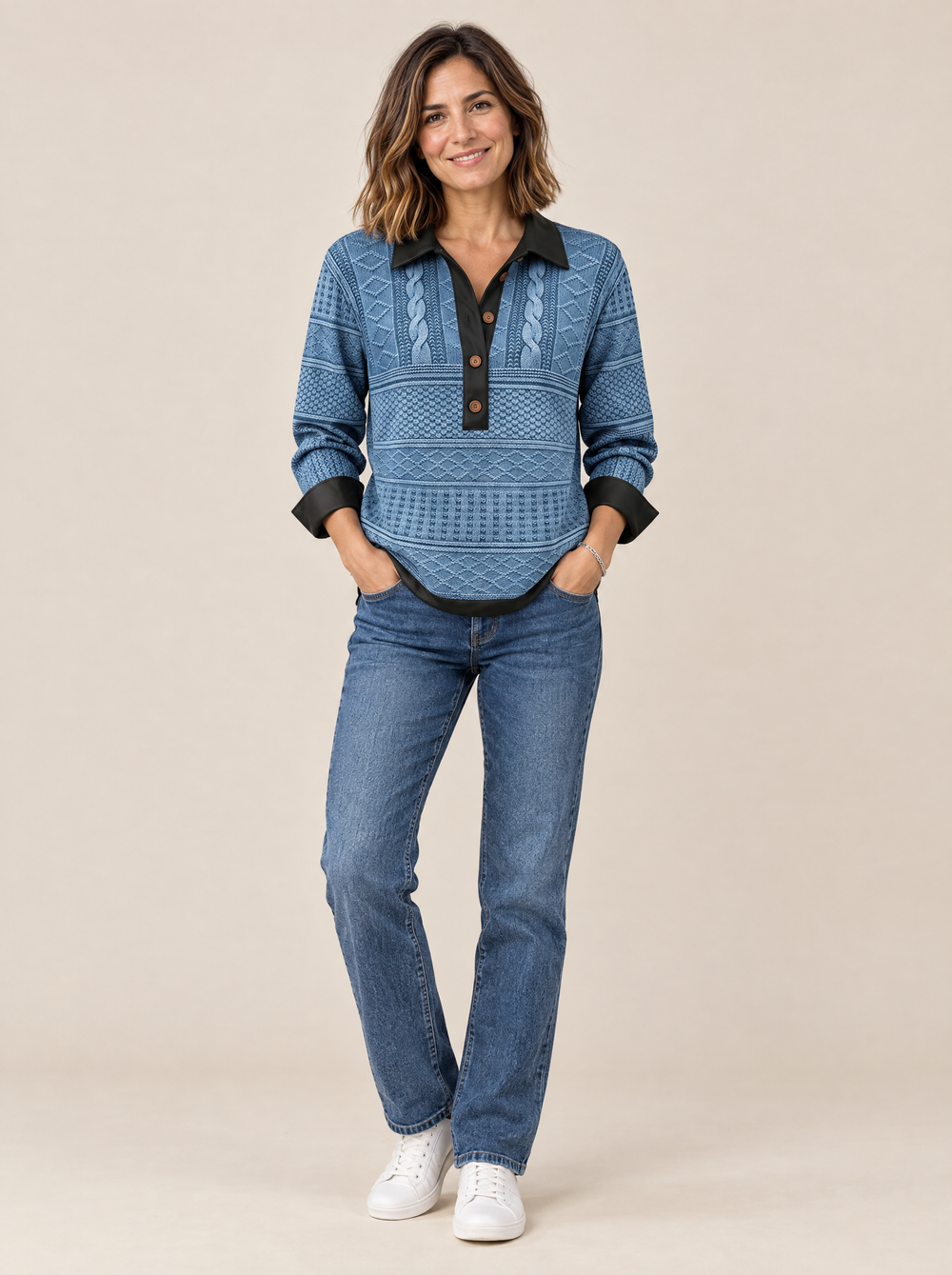 Sudadera de Punto con Cuello y Botones Ana – Azul