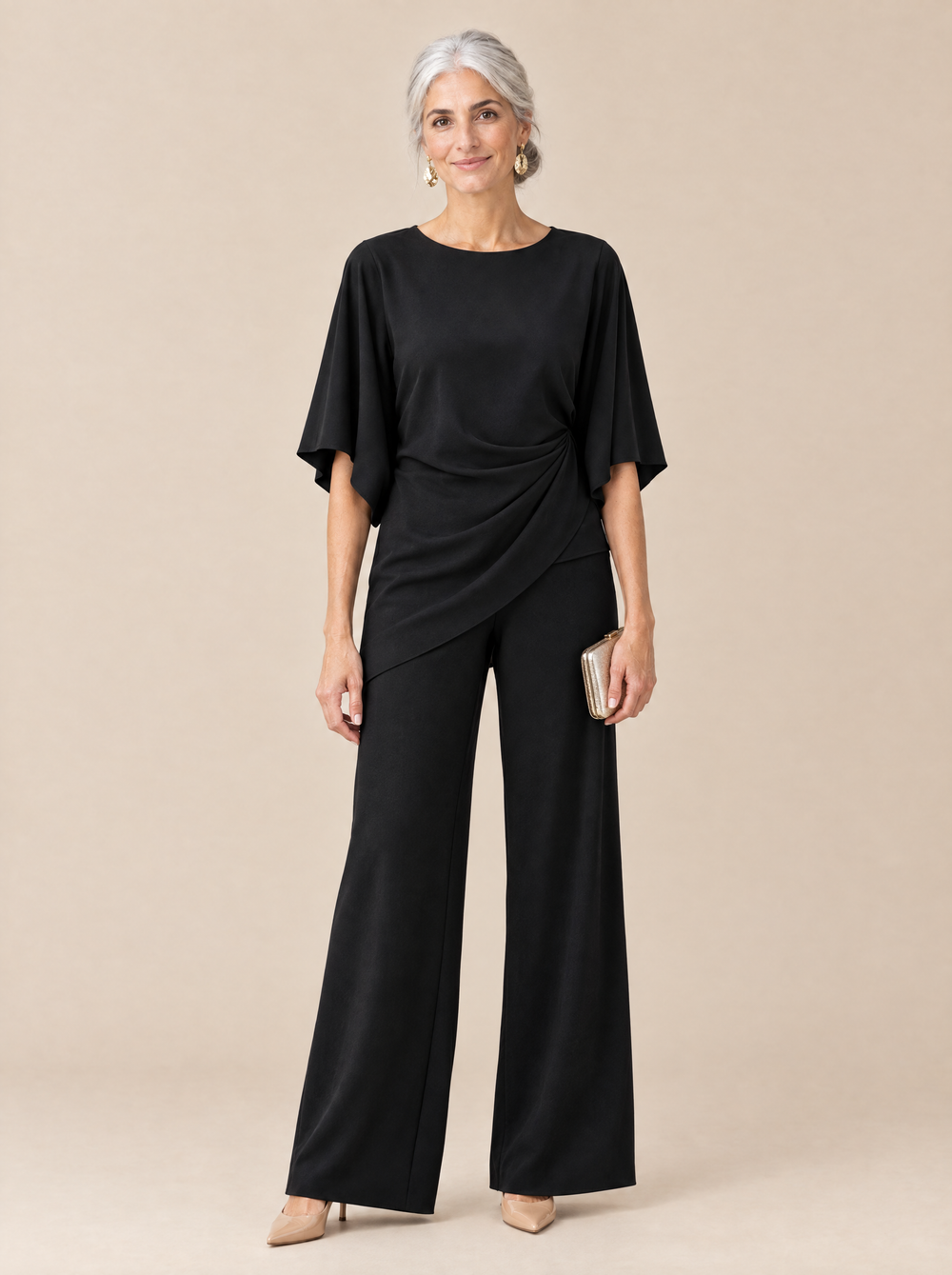 Conjunto Blusa Drapeada y Pantalón Ancho Mercedes – Negro