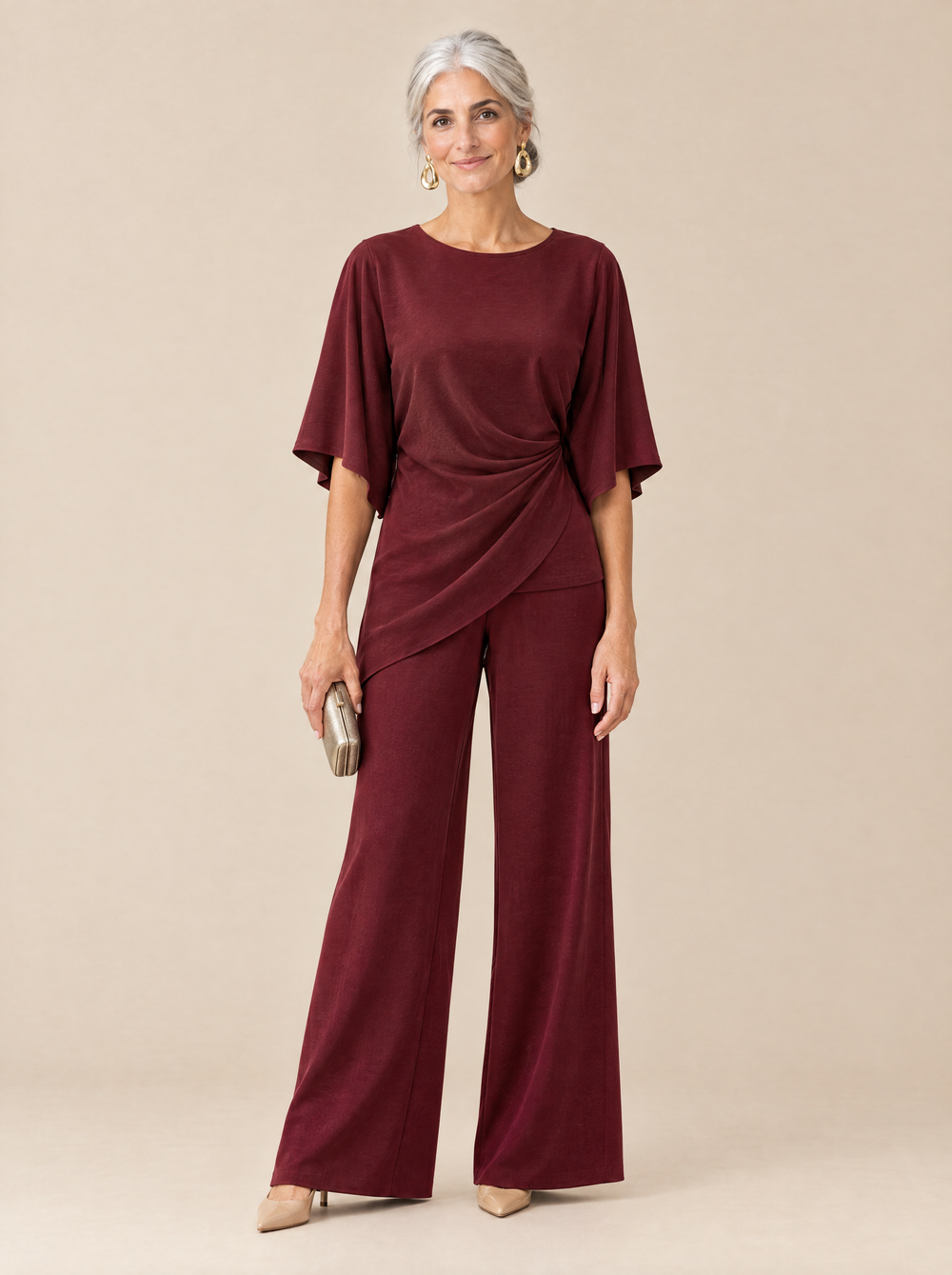 Conjunto Blusa Drapeada y Pantalón Ancho Mercedes – Burdeos