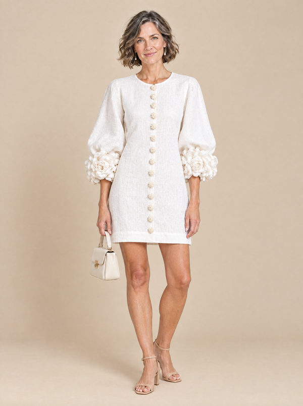 Vestido Corto con Botones de Flor Celia – Blanco