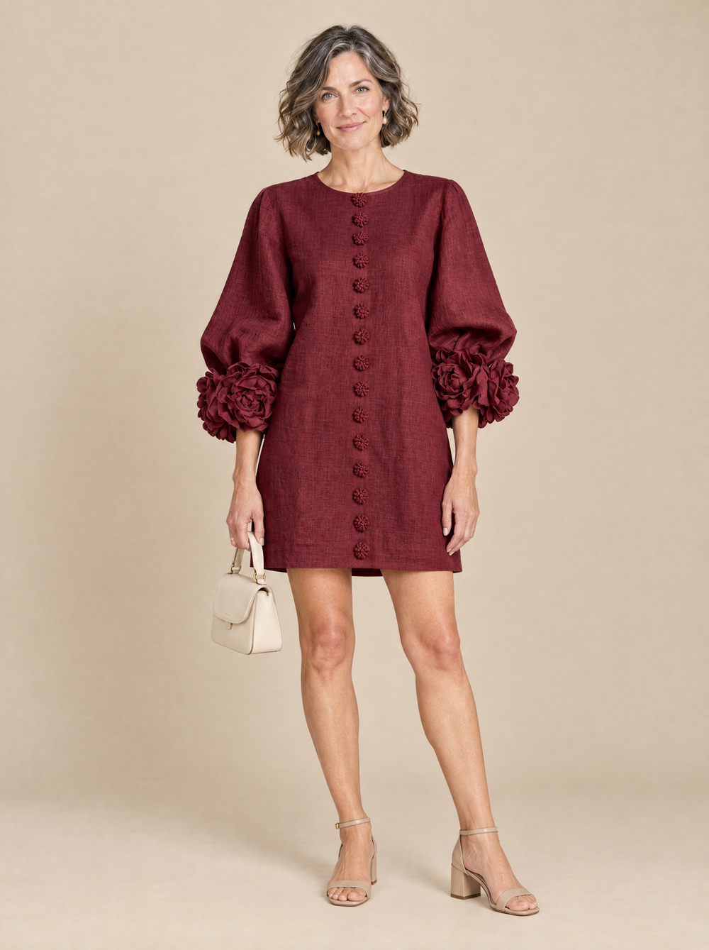 Vestido Corto con Botones de Flor Celia – Burdeos