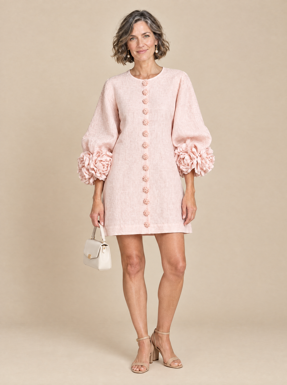 Vestido Corto con Botones de Flor Celia – Rosa