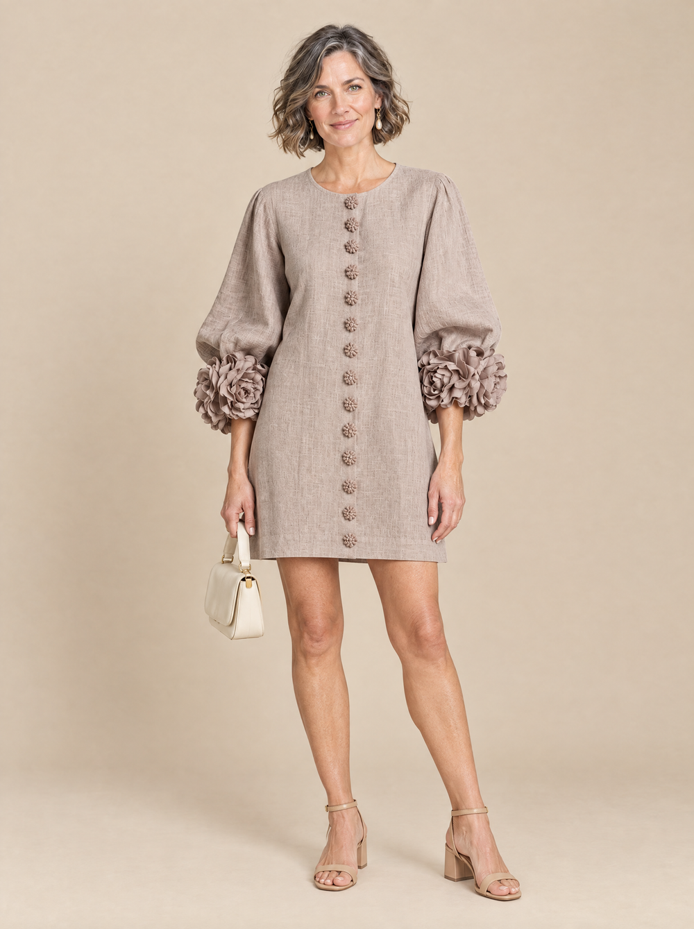Vestido Corto con Botones de Flor Celia – Topo