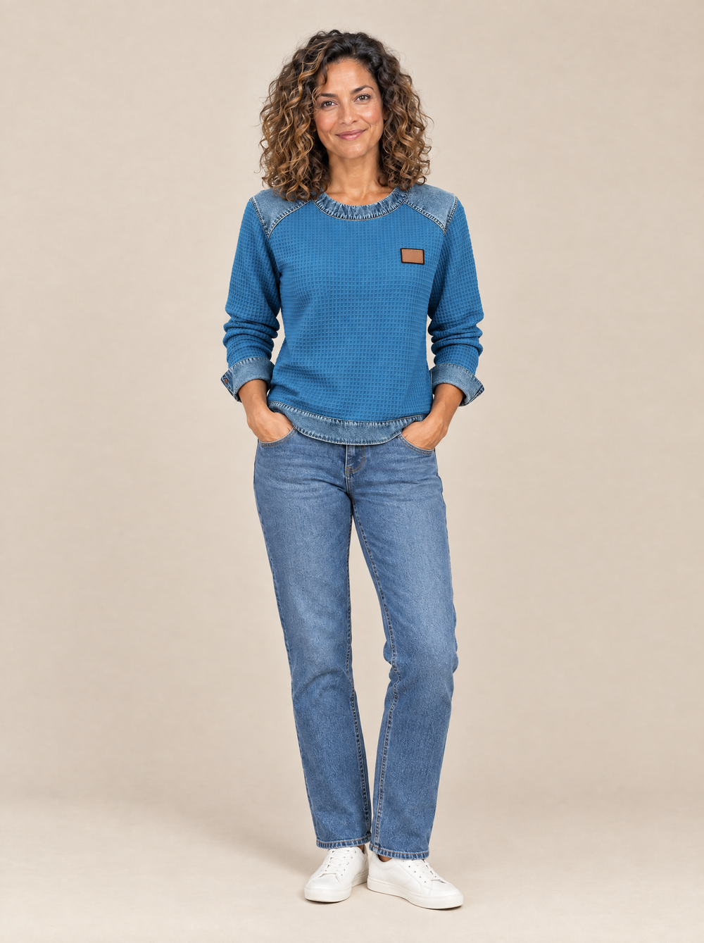 Sudadera Patchwork de Nido de Abeja Esther – Azul