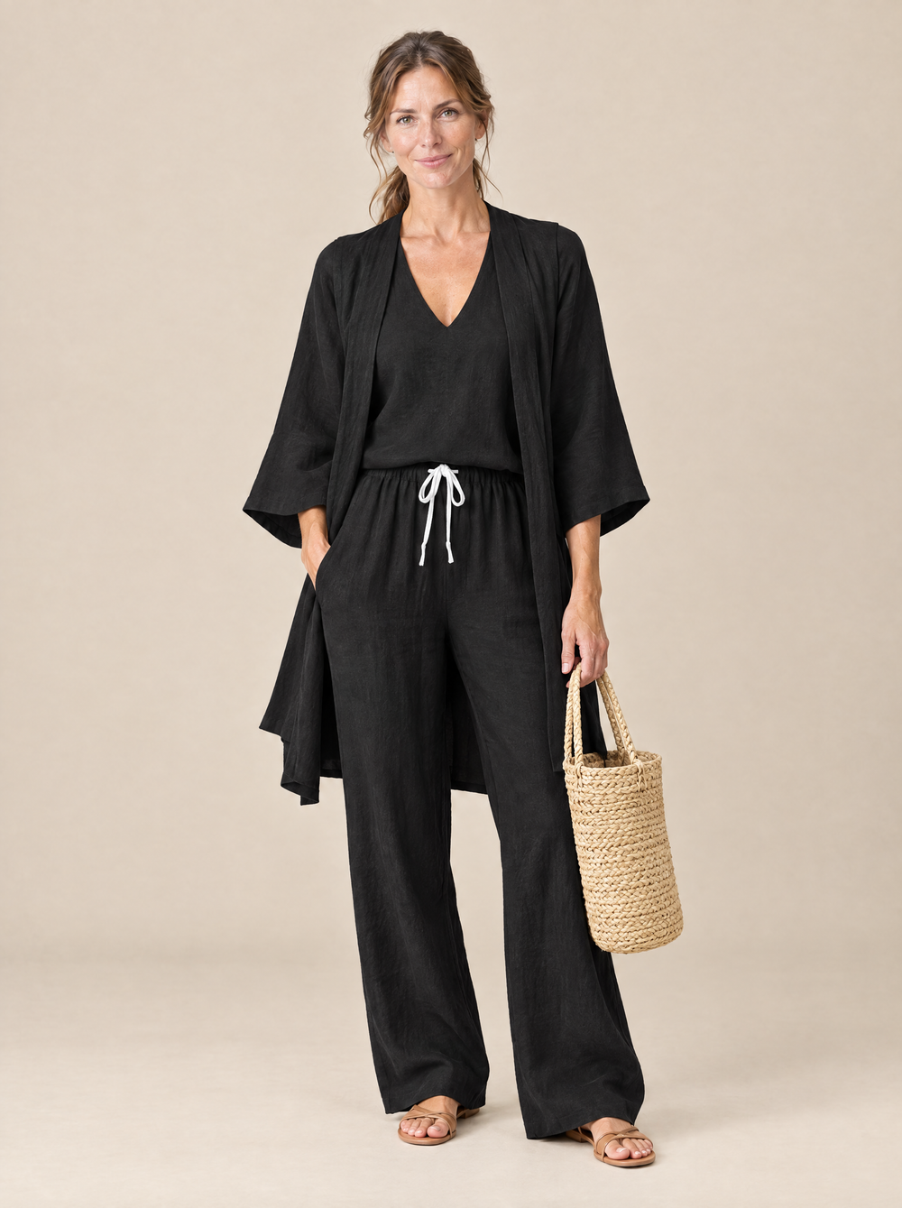 Conjunto Tres Piezas Efecto Lino Rebeca – Negro