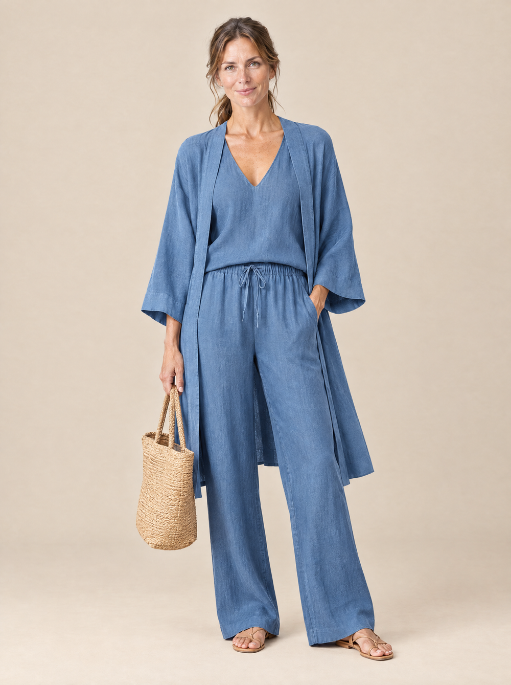 Conjunto Tres Piezas Efecto Lino Rebeca – Azul