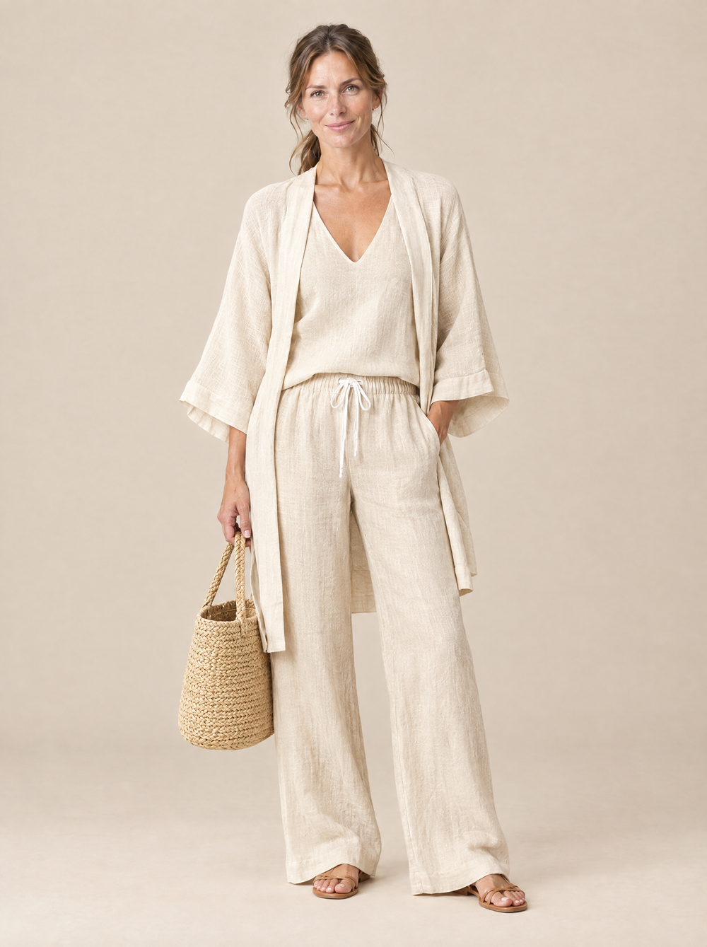 Conjunto Tres Piezas Efecto Lino Rebeca – Caqui