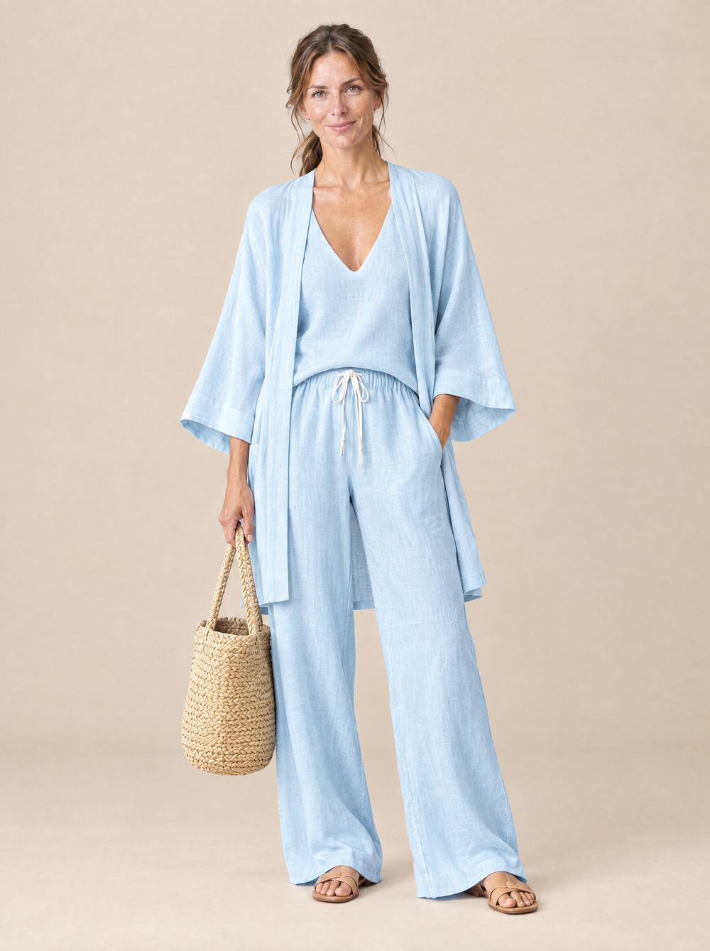 Conjunto Tres Piezas Efecto Lino Rebeca – Celeste