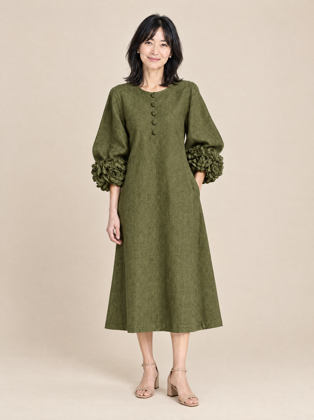 Vestido Midi con Puños de Rosa Julieta – Verde Oliva