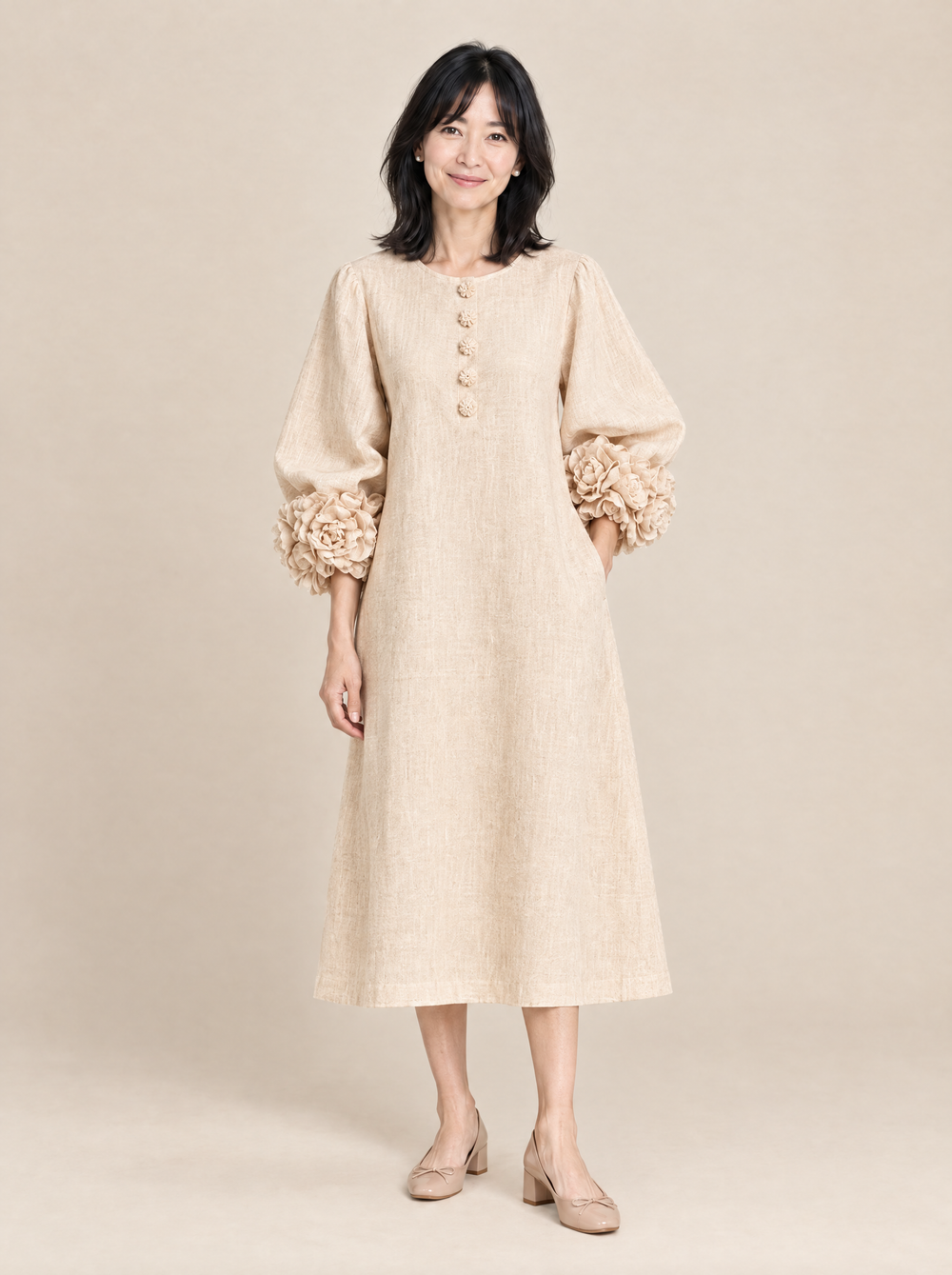 Vestido Midi con Puños de Rosa Julieta – Beige