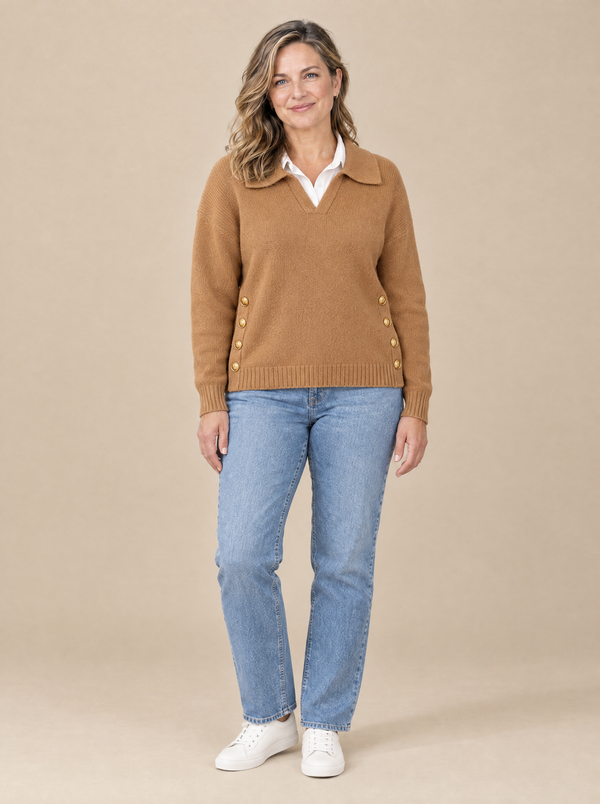 Jersey Cuello Pico con Solapa Nerea – Caqui