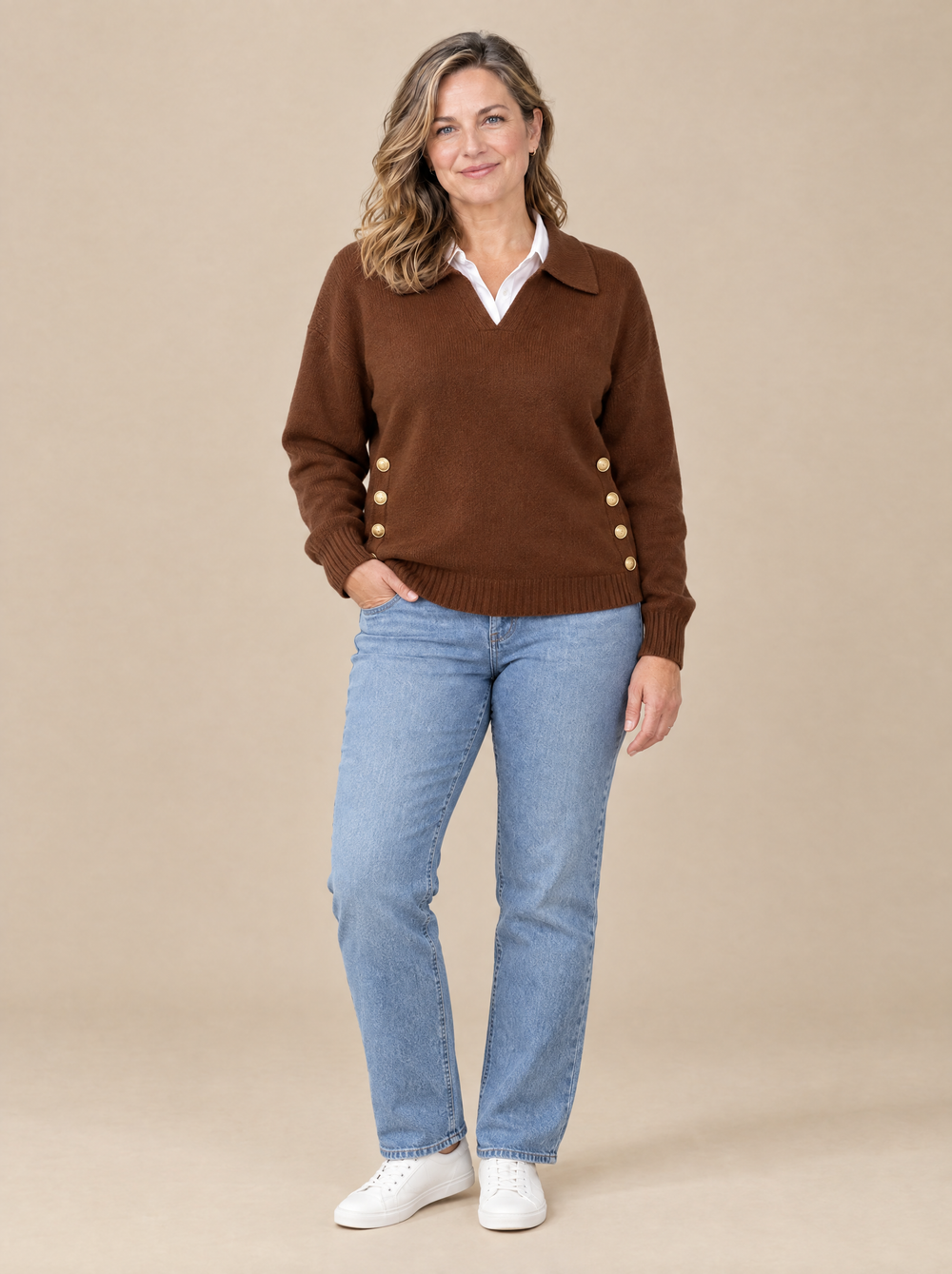 Jersey Cuello Pico con Solapa Nerea – Marrón