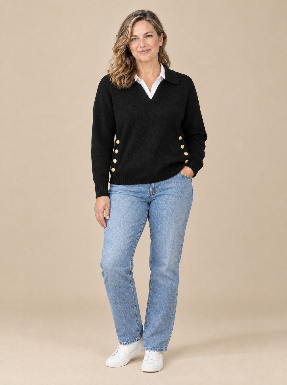 Jersey Cuello Pico con Solapa Nerea – Negro