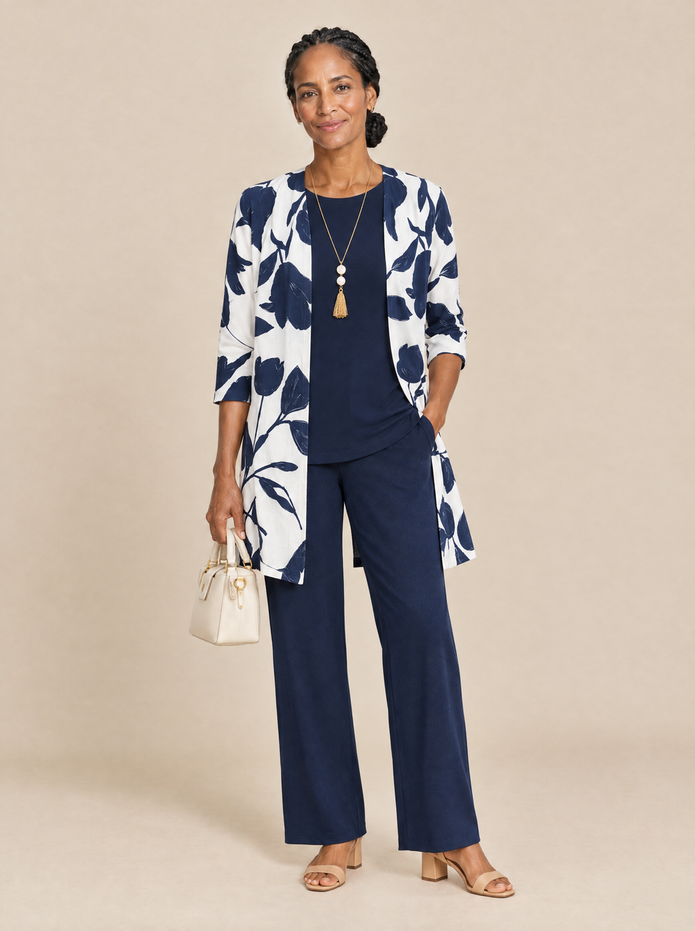 Conjunto Tres Piezas Estampado Botánico Leonor – Azul y Blanco