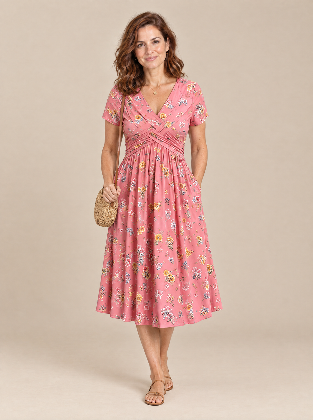 Vestido Midi de Flores con Cintura Cruzada Alicia – Rosa