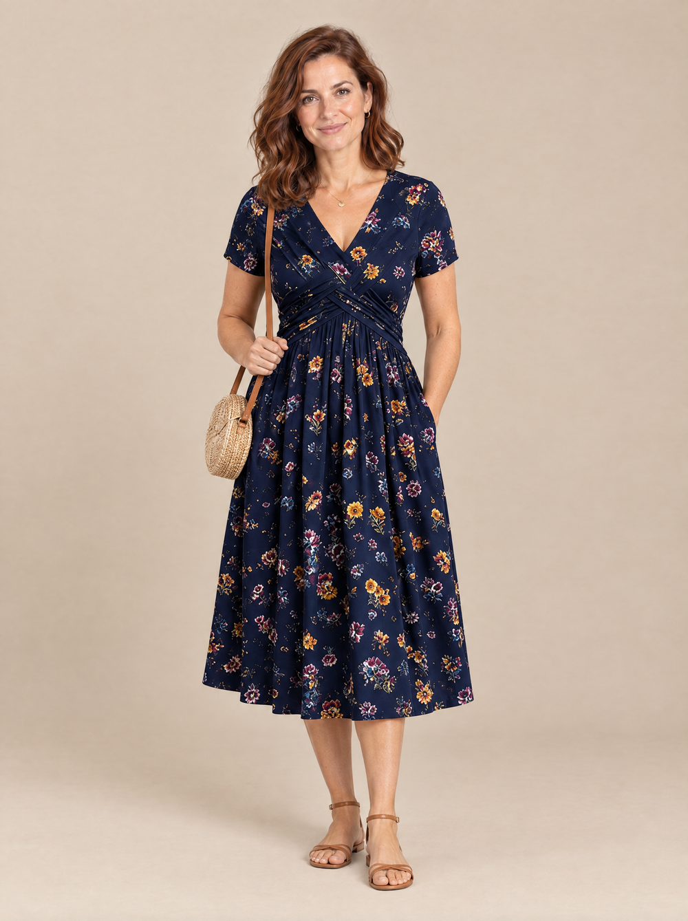 Vestido Midi de Flores con Cintura Cruzada Alicia – Azul Marino
