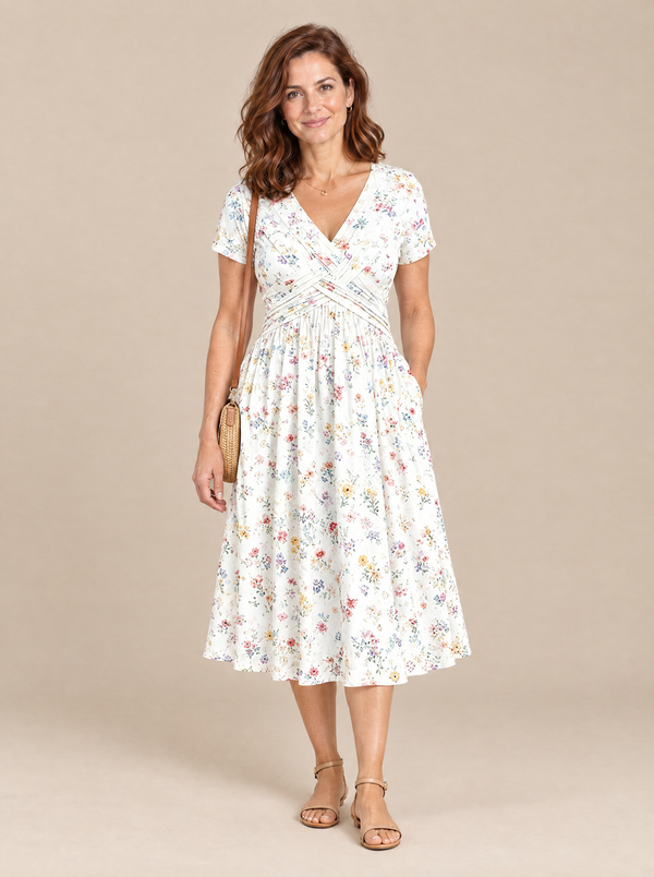 Vestido Midi de Flores con Cintura Cruzada Alicia – Blanco