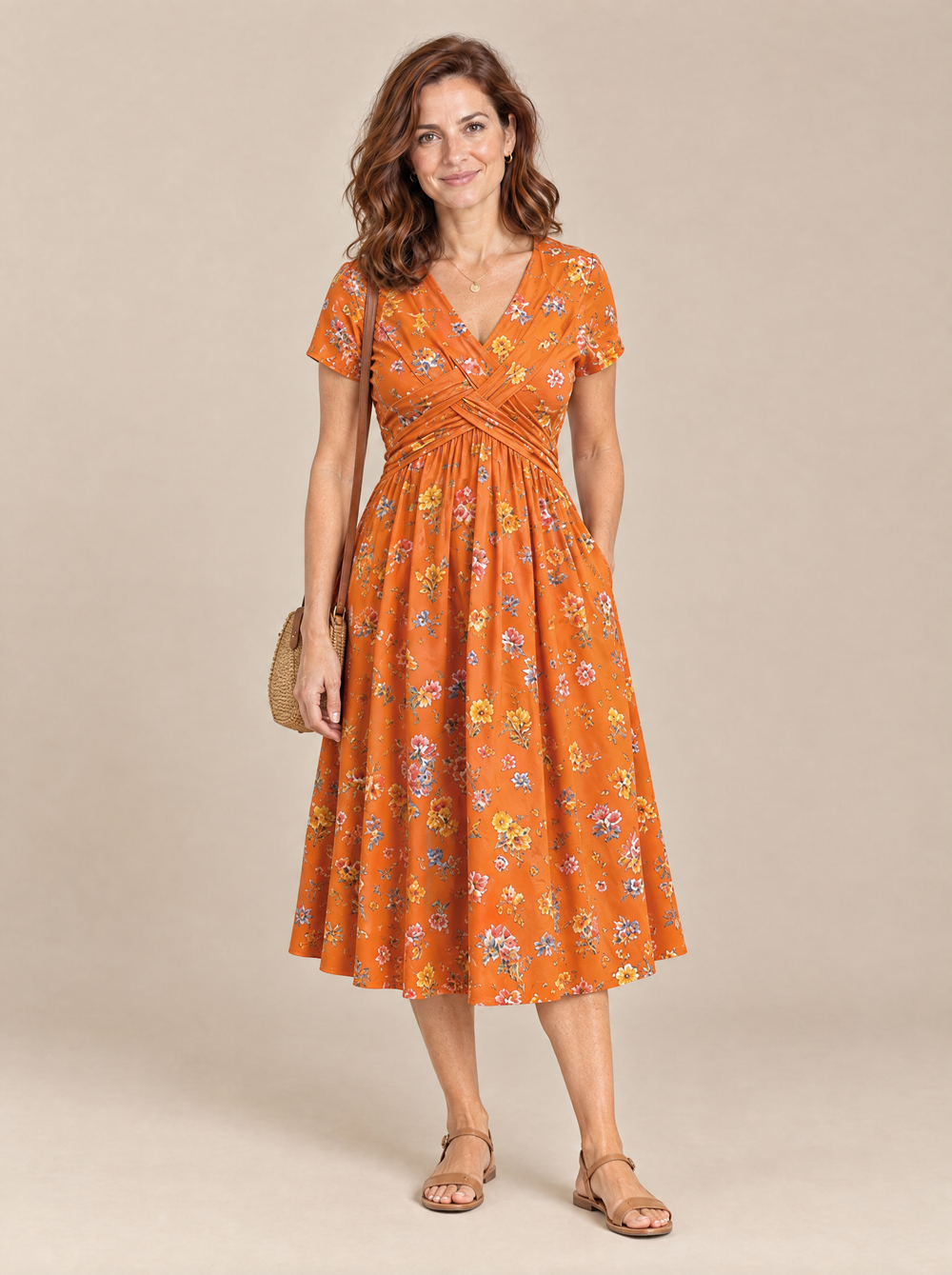 Vestido Midi de Flores con Cintura Cruzada Alicia – Naranja