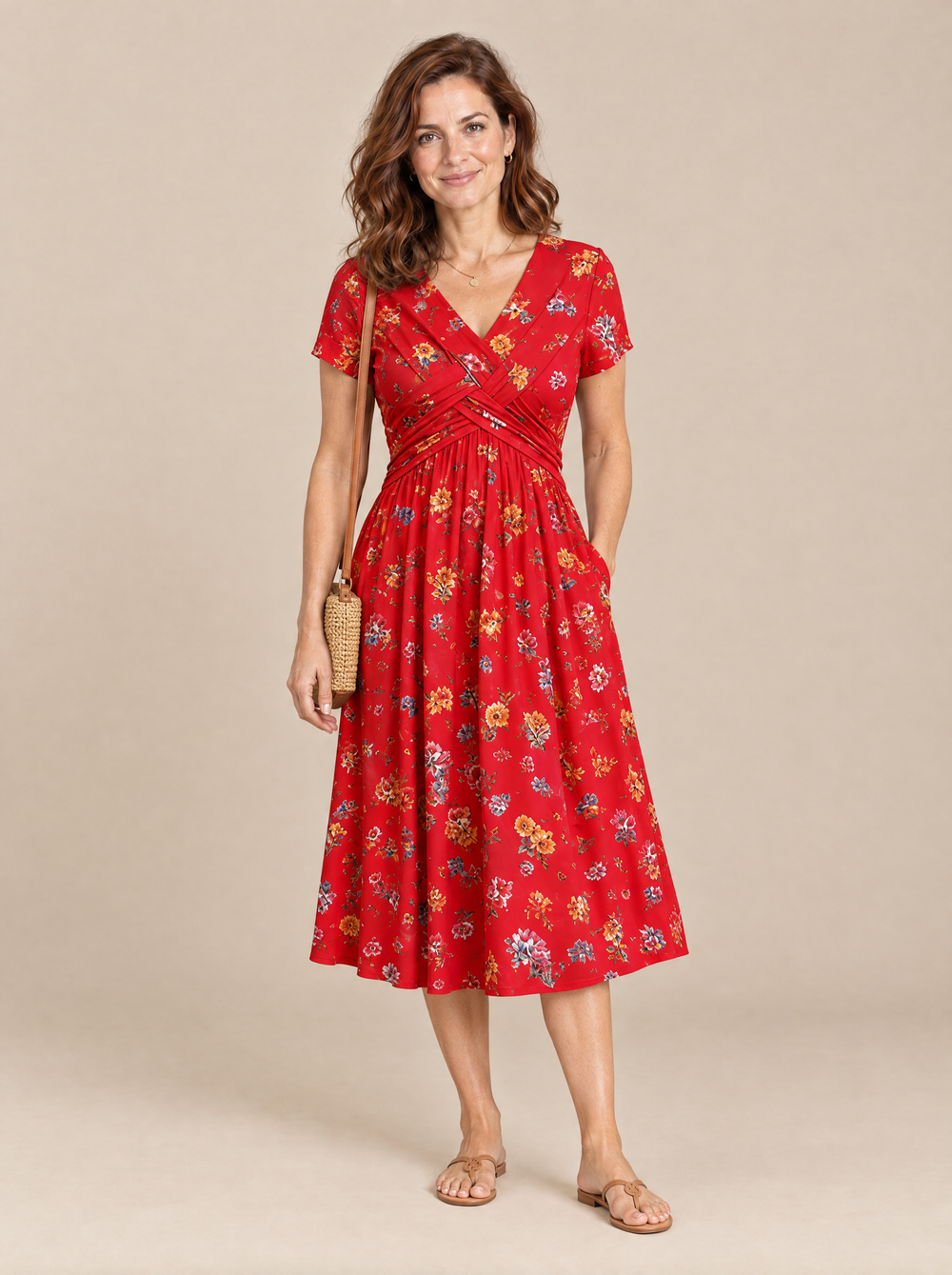 Vestido Midi de Flores con Cintura Cruzada Alicia – Rojo