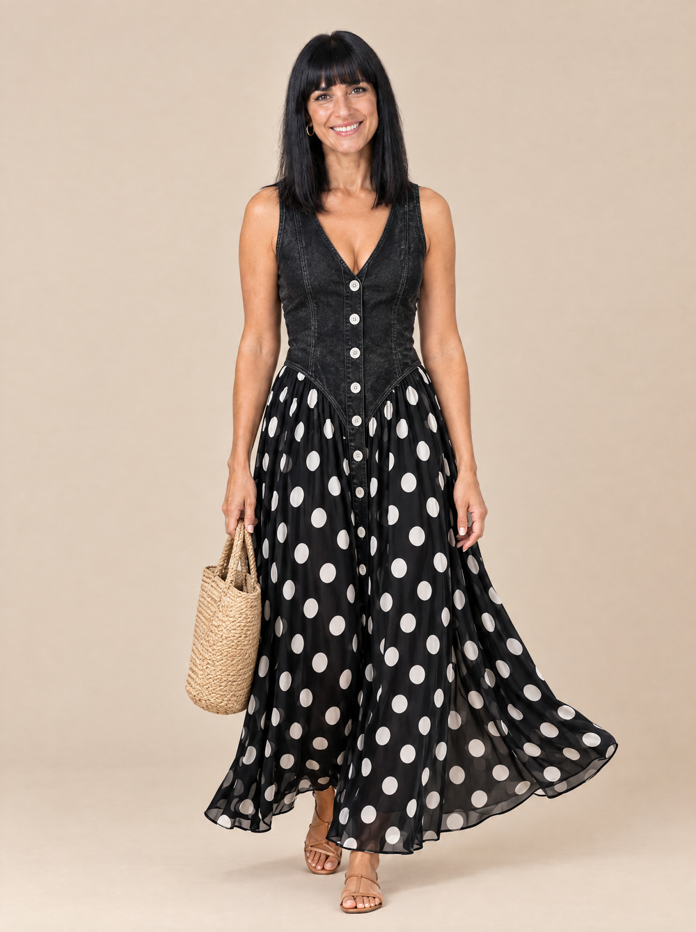 Vestido Largo de Lunares con Cuerpo Vaquero Marisol – Negro