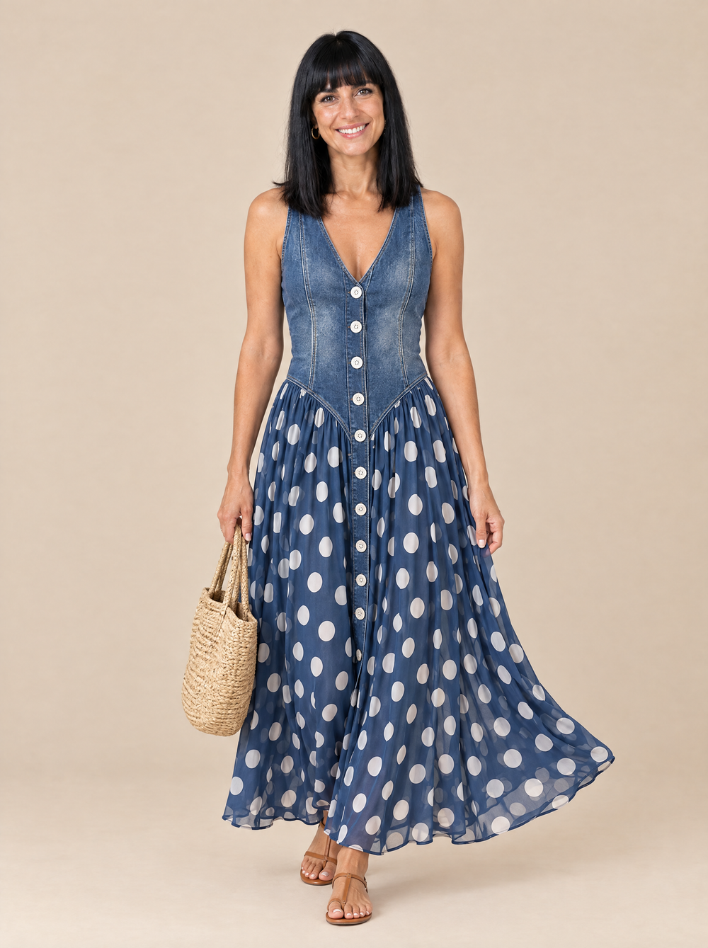 Vestido Largo de Lunares con Cuerpo Vaquero Marisol – Azul