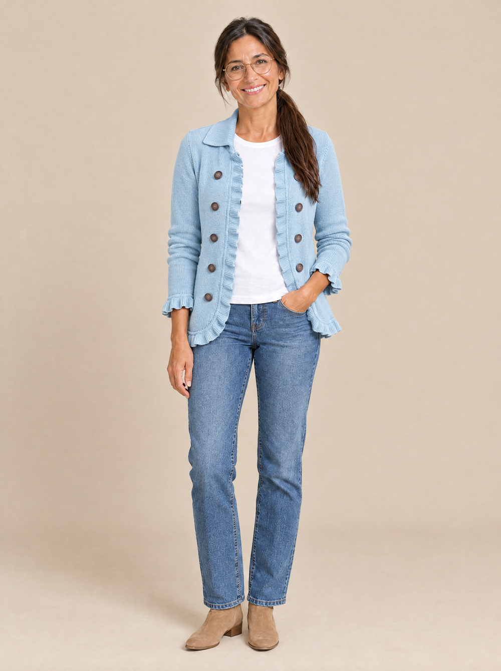 Chaqueta de Punto Azul Empolvado con Volantes Margarita