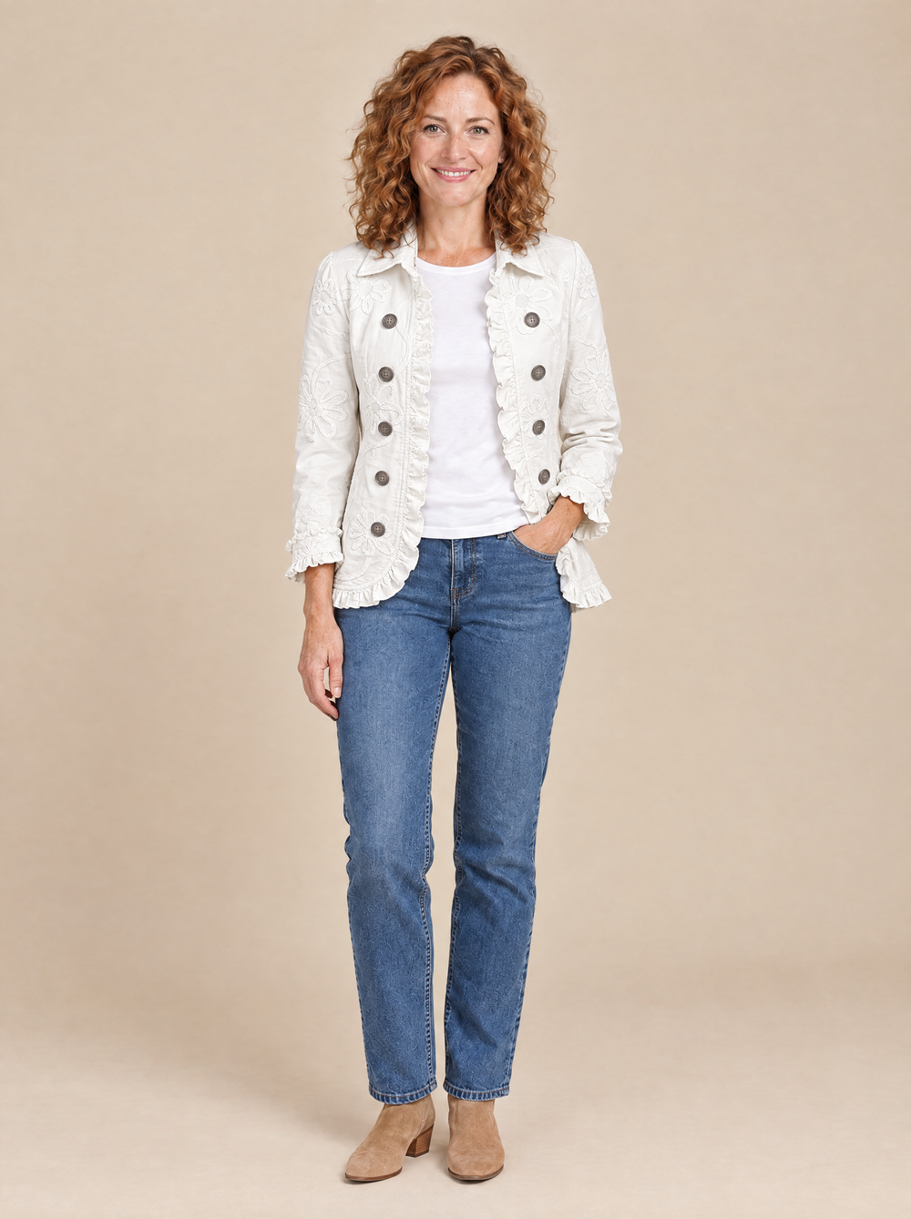 Chaqueta Bordada Marfil con Volantes Montserrat – Marfil