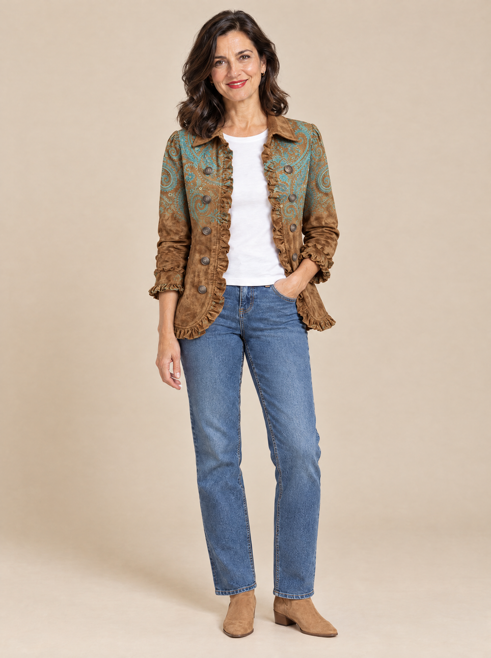 Chaqueta Caramelo de Cachemira con Volantes Soledad – Marrón